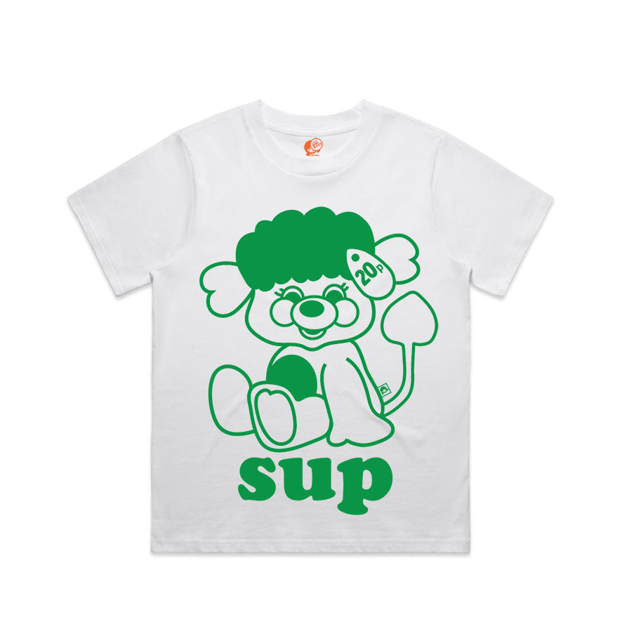 White t shirt screen printed with Popples graphic in green