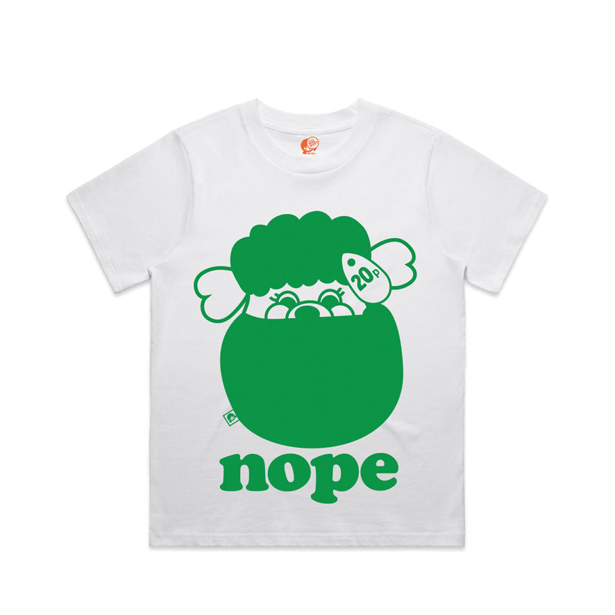 women's white t shirt screenprinted with a retro graphic of the 80's toy Popple.