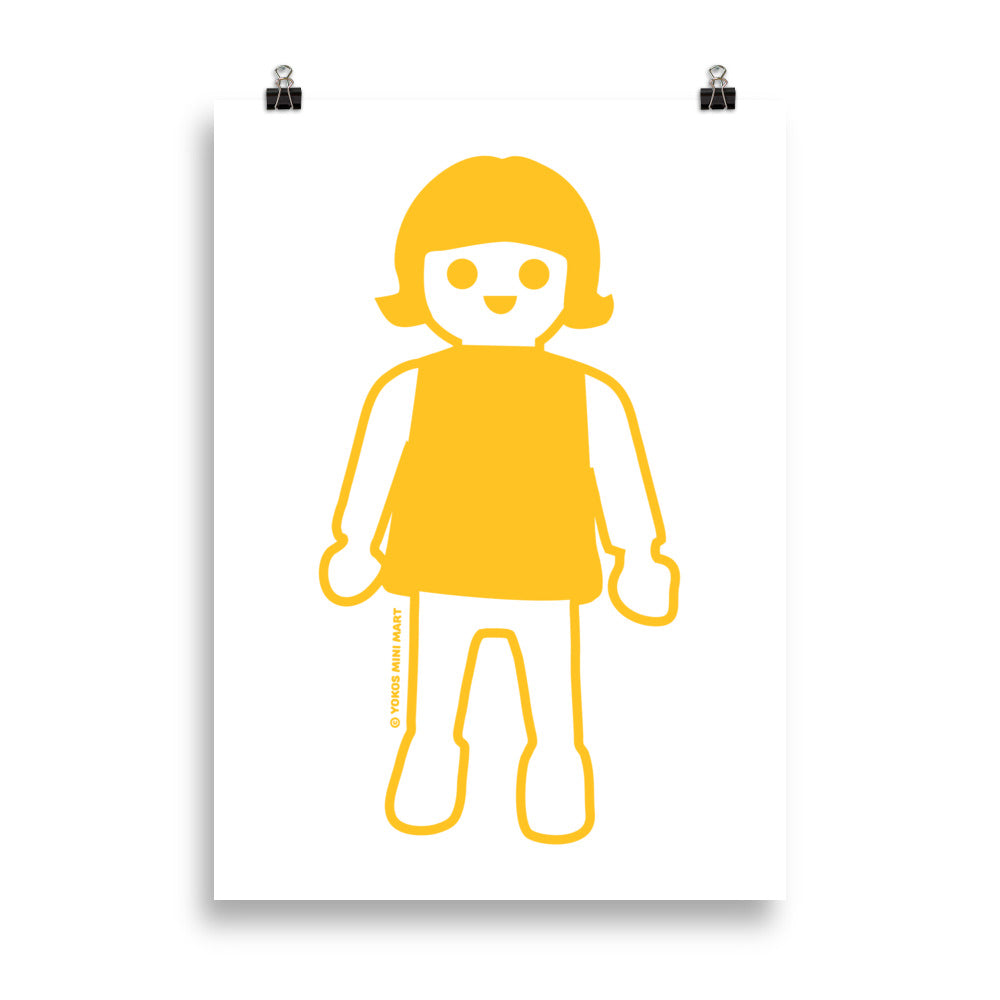 A yellow vintage playmobil girl illustration on a white background.